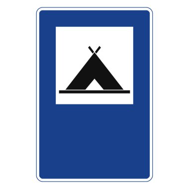 Mavi-beyaz dikdörtgen trafik sinyali, beyaz arka planda izole edilmiş. Kamp alanı