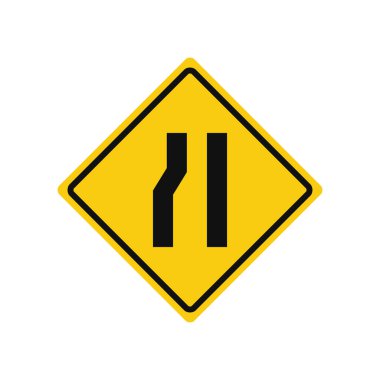 Rhomboid trafik sinyali sarı ve siyah, beyaz arka planda izole. Sol tarafta dar yol uyarısı