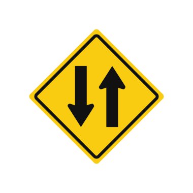 Rhomboid trafik sinyali sarı ve siyah, beyaz arka planda izole. İkili trafik uyarısı.