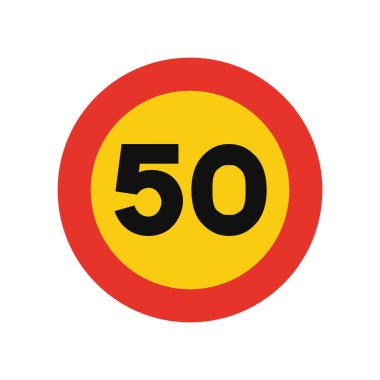Yuvarlak trafik ışığı sarı ve kırmızı, beyaz arka planda izole. Geçici hız limiti 50.