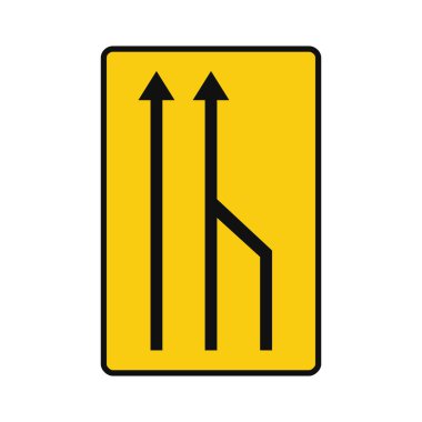 Sarı ve siyah olan dikdörtgen trafik sinyali, beyaz arka planda izole edilmiş. Trafik için sağ şeridin geçici sonu