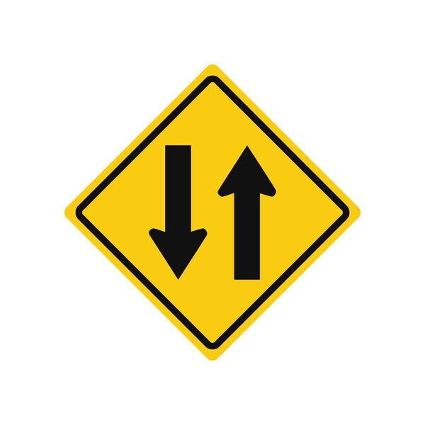 Rhomboid traffic signal in yellow and black, isolated on white background. Warning of two-way traffic straight ahead