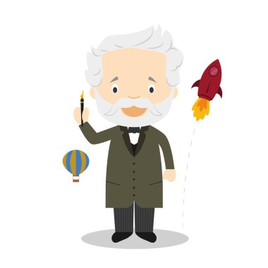 Jules Verne çizgi film karakteri. Vektör İllüstrasyonu. Çocuk Geçmişi Koleksiyonu.