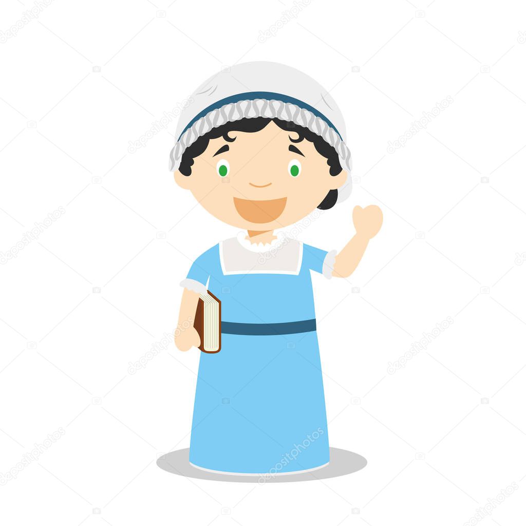 Jane Austen cartoon character. Vector Illustration. Kids History Collection.