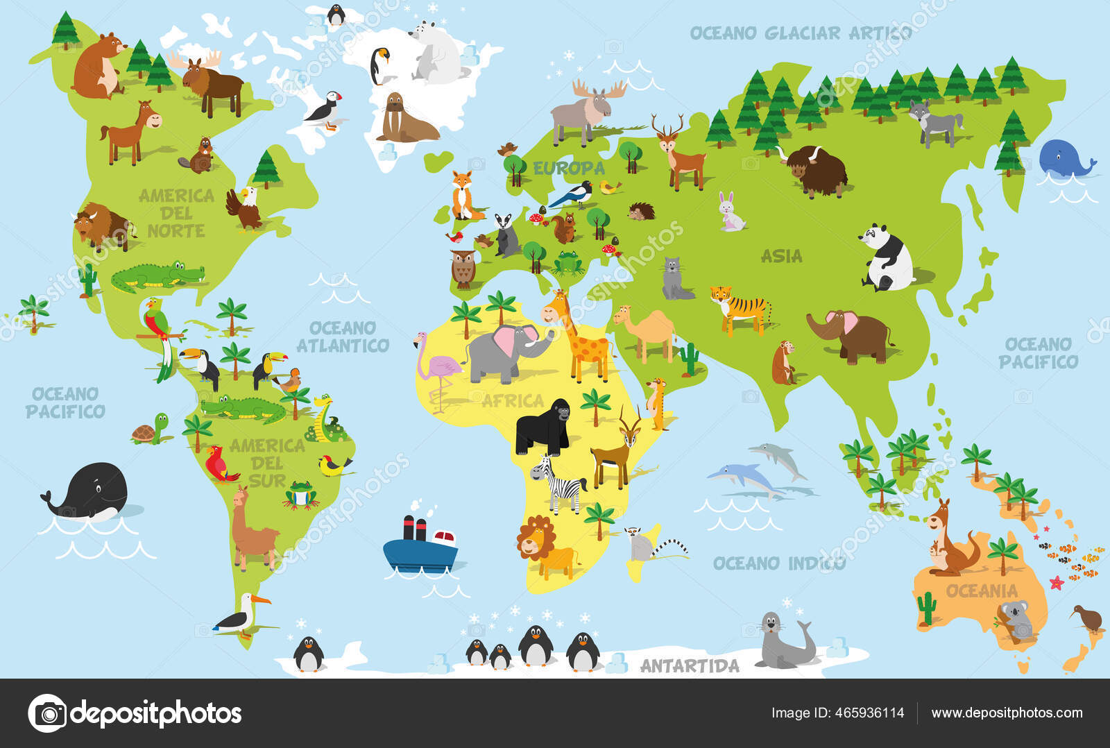Funny Cartoon World Map Spanish Traditional Animals All Continents Oceans Stock Vector Image By C Asantosg