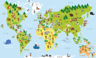 Funny cartoon world map with childrens of different nationalities, animals and monuments of all the continents and oceans. Names in chinese. Vector illustration for preschool education and kids design.