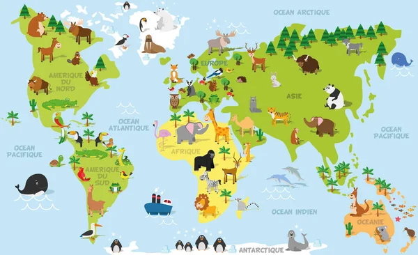 Funny Cartoon World Map French Traditional Animals All Continents Oceans — Stock Vector