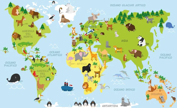 Funny Cartoon World Map Spanish Traditional Animals All Continents Oceans — Stock Vector