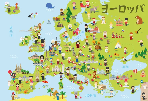 Funny Cartoon Map Europe Japanese Childrens Different Nationalities Representative Monuments — Vetor de Stock