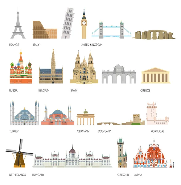 Conjunto Monumentos Europa Ilustración Vectorial — Vector de stock