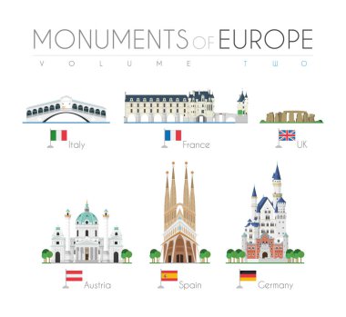 Monuments of Europe in cartoon style Volume 2: Rialto Bridge (Italy), Chenonceau Castle (France), Stonehenge (UK), Karlskirche (Austria), Sagrada Familia (Spain) and Neuschwanstein Castle (Germany). Vector illustration