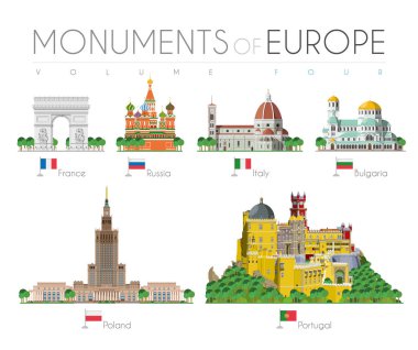Monuments of Europe in cartoon style Volume 4: Arch of Triumph (France), Saint Basils Cathedral (Russia), Santa Maria dei Fiore (Italy), Alexander Nevsky Cathedral (Bulgaria), Palace of Culture and Science (Poland) and Palace of Sintra (Portugal). Ve