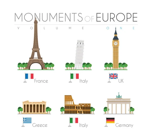 Monuments Europe Cartoon Style Volume Eiffel Tower France Pisa Leaning — Stock Vector