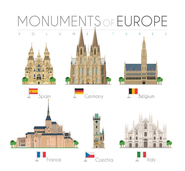 Monuments Europe Cartoon Style Volume Santiago Compostela Cathedral Spain Cologne — Stok Vektör