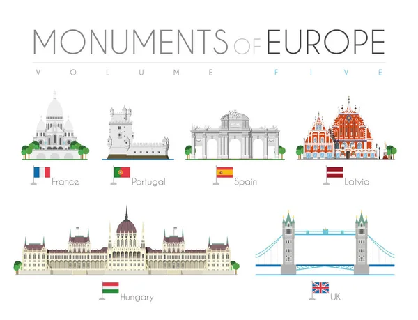 Monuments Europe Cartoon Style Volume Sacre Coeur France Belem Tower — Stok Vektör