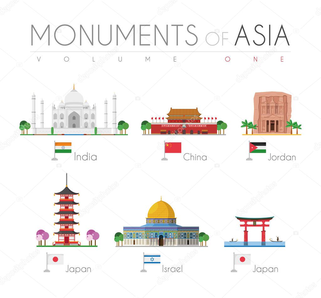 Monuments of Asia in cartoon style Volume 1: Taj Mahal (India), Forbidden City (China), Petra (Jordan), Gojunoto Pagoda (Japan), Dome of the Rock (Israel) and Miyamina Torii Gate (Japan) . Vector illustration