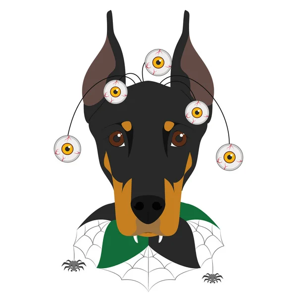 Carte Vœux Halloween Doberman Chien Habillé Avec Des Yeux Terrifiants — Image vectorielle