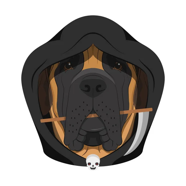 ハロウィングリーティングカード 英語マスチフ犬は黒いフードと口の中で小さな鎌を身に着けています — ストックベクタ