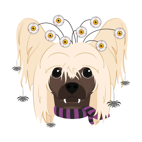 Biglietto Auguri Halloween Chinese Crested Dog Vestito Con Occhi Terrificanti — Vettoriale Stock