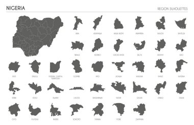 Nijerya bölgesi siluetleri beyaz arka planda izole edilmiş ülkenin boş haritası. Vektör illüstrasyon tasarımı
