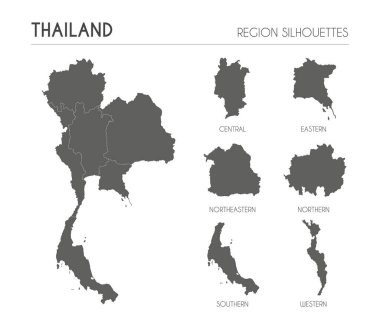 Tayland bölgesi siluetleri beyaz arka planda izole edilmiş ülkenin boş haritası. Vektör illüstrasyon tasarımı