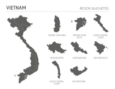 Vietnam bölgesi siluetleri beyaz arka planda izole edilmiş ülkenin boş haritası. Vektör illüstrasyon tasarımı