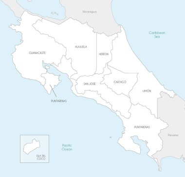 Kosta Rika 'nın bölge ve idari bölümleri, komşu ülkeler ve bölgeleri olan vektör haritası. Düzenlenebilir ve etiketlenebilir katmanlar.