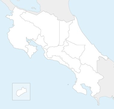 Kosta Rika 'nın bölgeleri, idari bölümleri, komşu ülkeler ve bölgeleri olan boş bir haritası. Düzenlenebilir ve etiketlenebilir katmanlar.