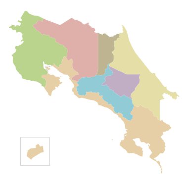 Kosta Rika 'nın bölge ve bölgeleri ve idari bölümleri olan boş bir haritası. Düzenlenebilir ve etiketlenebilir katmanlar.