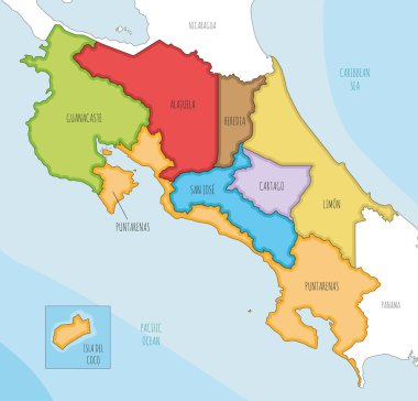 Kosta Rika 'nın bölge ve idari bölümleri, komşu ülkeler ve bölgeleri olan vektör resimli haritası. Düzenlenebilir ve etiketlenebilir katmanlar.