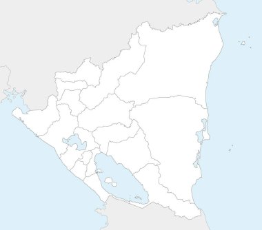 Bakanlıkları, özerk bölgeleri, komşu ülkeler ve bölgeleri olan boş Nikaragua haritası. Düzenlenebilir ve etiketlenebilir katmanlar.