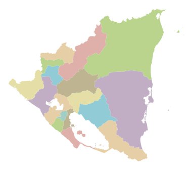 Bakanlıkları, özerk bölgeleri ve idari bölümleri olan boş Nikaragua haritası. Düzenlenebilir ve etiketlenebilir katmanlar.