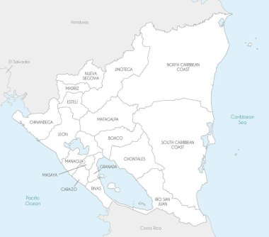 Bakanlıklar, özerk bölgeler, komşu ülkeler ve bölgelerle Nikaragua 'nın vektör haritası. Düzenlenebilir ve etiketlenebilir katmanlar.