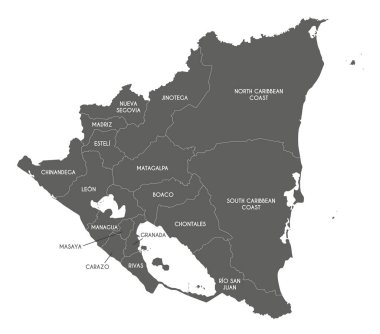 Bakanlıkları, özerk bölgeleri ve idari bölümleri olan Nikaragua 'nın vektör haritası. Düzenlenebilir ve etiketlenebilir katmanlar.