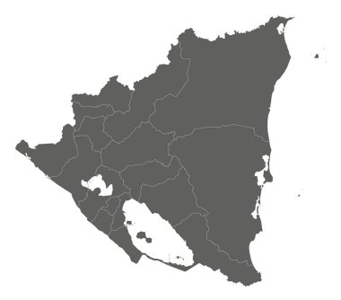 Bakanlıkları, özerk bölgeleri ve idari bölümleri olan boş Nikaragua haritası. Düzenlenebilir ve etiketlenebilir katmanlar.