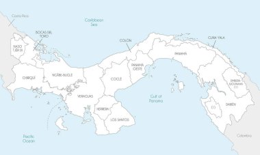 Panama 'nın illeri, yerel bölgeleri ve idari bölümleri, komşu ülkeler ve bölgeleri olan vektör haritası. Düzenlenebilir ve etiketlenebilir katmanlar.