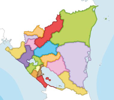 Nikaragua 'nın bölümleri ve özerk bölgeleri, komşu ülkeler ve bölgeleri olan boş haritasını çizdi. Düzenlenebilir ve etiketlenebilir katmanlar.