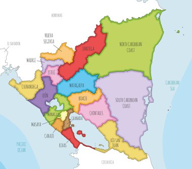 Bakanlıklar, özerk bölgeler, komşu ülkeler ve bölgeler ile Nikaragua 'nın vektör resimli haritası. Düzenlenebilir ve etiketlenebilir katmanlar.
