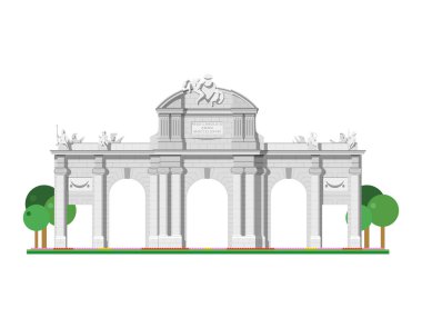 Madrid, İspanya 'daki Alcala Gate, beyaz arka plan vektör illüstrasyonunda izole edilmiş. Anıtlar ve simgeler Serisi
