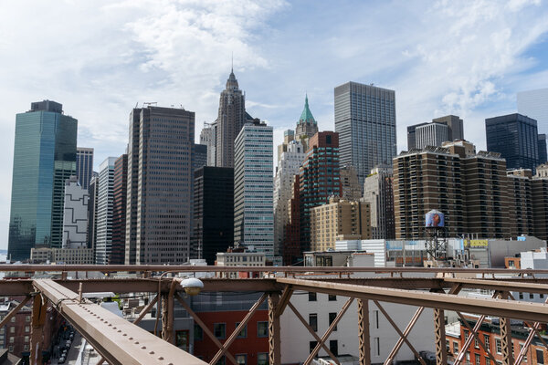 View of skyscrapers from Brooklyn Bridge, Downtown, New York.