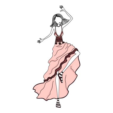 Hand Drawn Fashion Illustration with a Beautiful Woman Wearing Stylish Designer Clothes