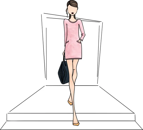 Hand Drawn Fashion Illustration with a Beautiful Woman Wearing Stylish Designer Clothes — 图库矢量图片