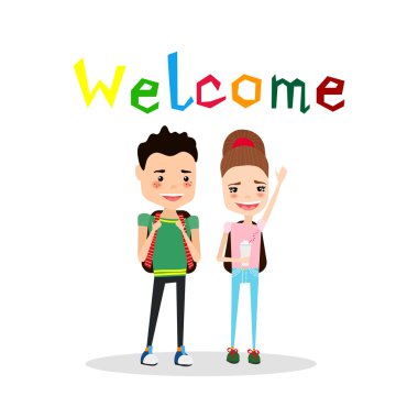Okul çocukları ile şirin renkli vektör okul illüstrasyon