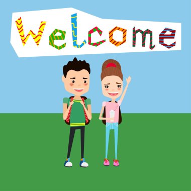 Okul çocukları ile şirin renkli vektör okul illüstrasyon