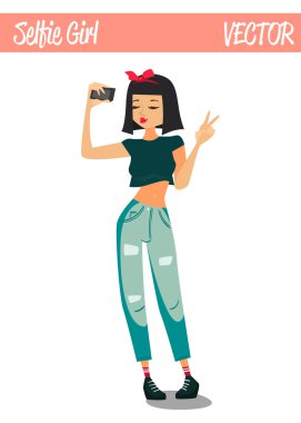 Esmer Selfie kız çizgi film karakteri illüstrasyon