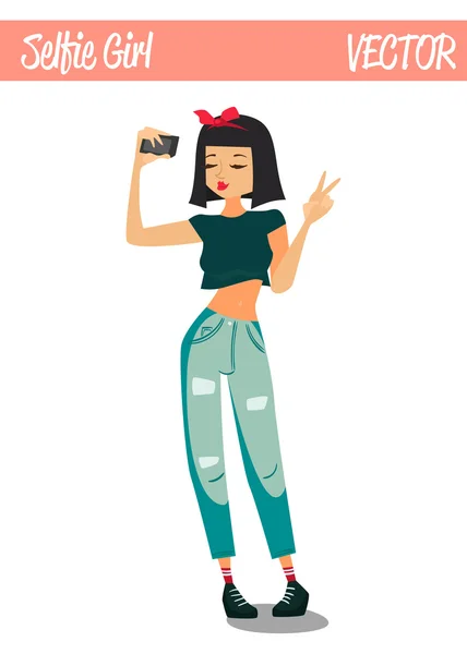 Brünette selfie mädchen cartoon figur illustration — Stockvektor