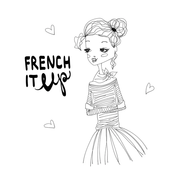 Ilustración de moda francesa con una linda chica francesa — Vector de stock