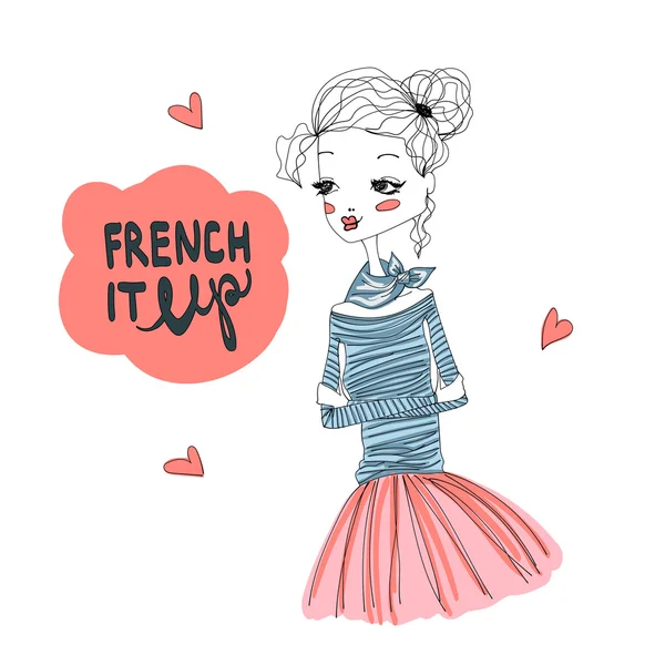 Moda illüstrasyon ile sevimli bir Fransız kız kadar Fransız — Stok Vektör