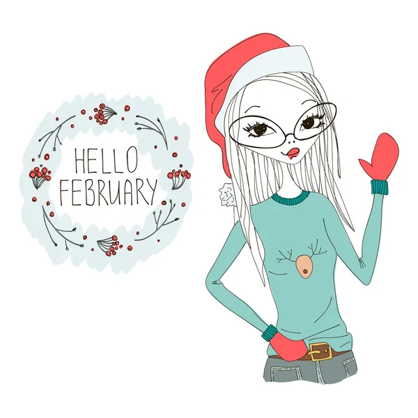 Hola Febrero Colorida Ilustración con un Hola Febrero Tipografía Letras — Vector de stock