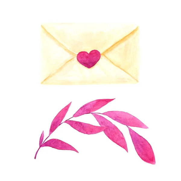 Aquarell Romantisches Rosa Blatt Und Ein Liebesbrief — Stockfoto